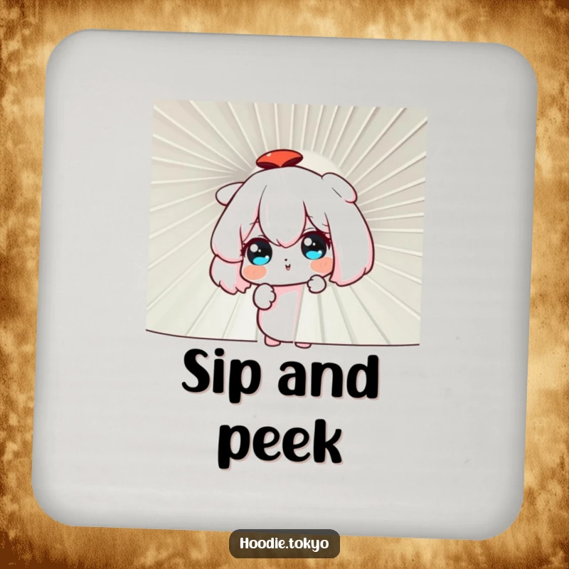 Funny curious character peering through a large fan, decorative drink coasters, fun table protection with a mystery theme.