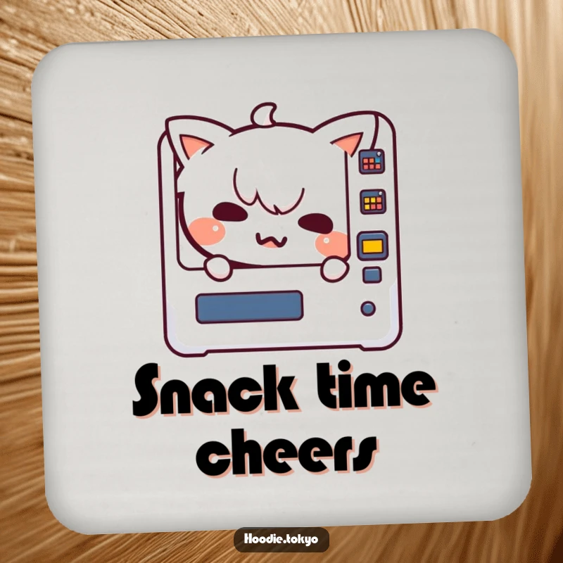 Funny Kawaii character with a mischievous grin peeking from a vending machine on coasters, providing playful protection with humor.