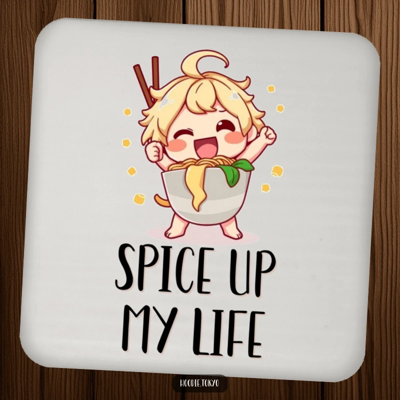 Funny ramen kawaii coasters with a happy character posing with noodles, suitable funny gift.