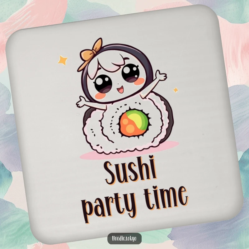 Funny kawaii character with big eyes doing a silly dance on a giant sushi roll, humorous coasters for drink protection.