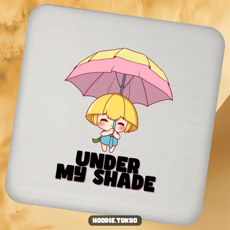 Funny coaster featuring a character playfully hiding behind a large, cartoonish umbrella, adding humor and protection.