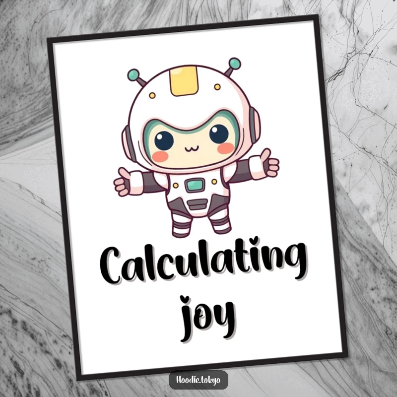 Funny kawaii character in a tiny robot costume, arms outstretched, presented as a charming poster. Humorous wall decor for sci-fi fans.