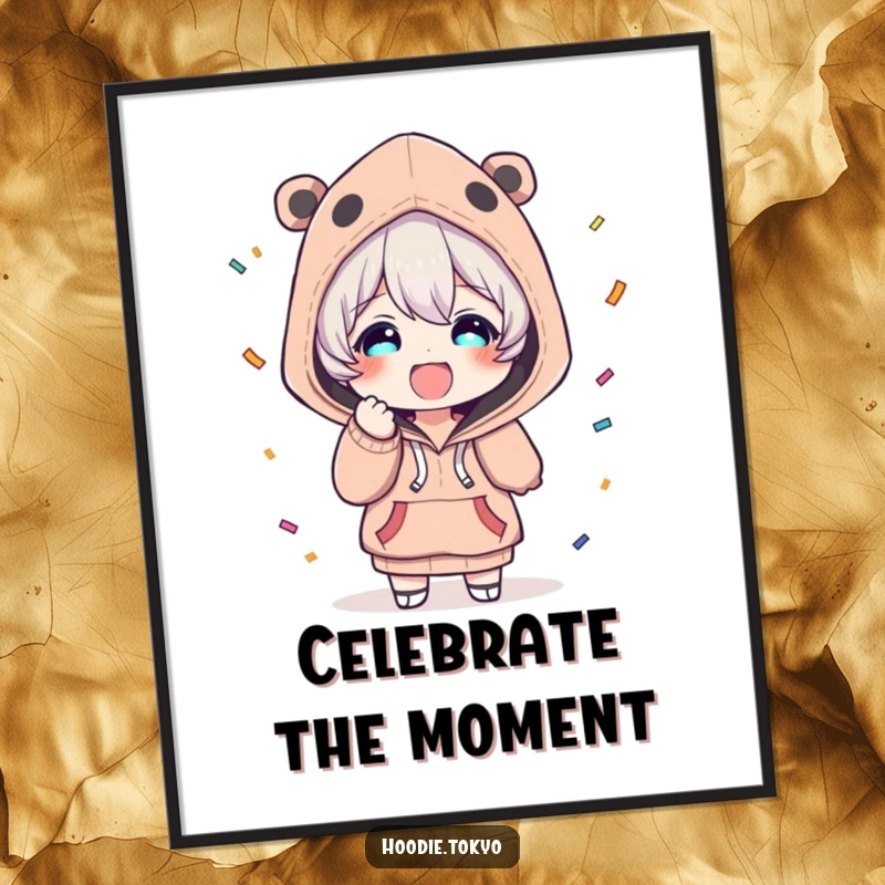 Funny, vibrant poster featuring a character in a unique hoodie, looking ecstatic while throwing a celebratory burst of confetti.