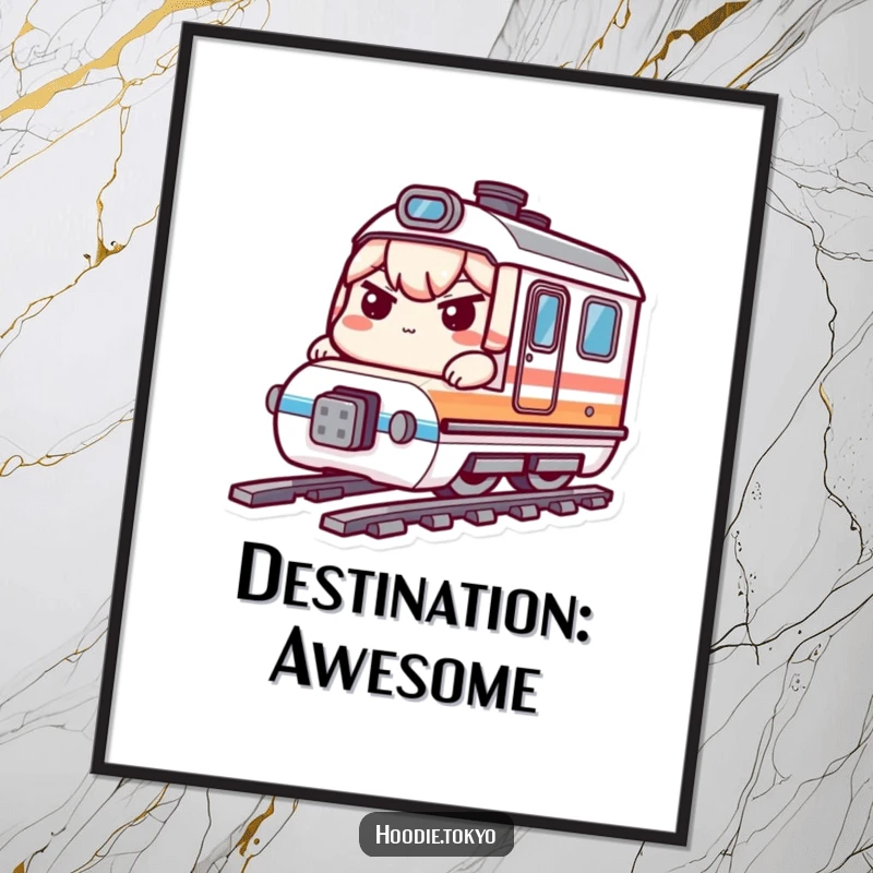 Funny bullet train kawaii poster with a determined character in motion on a miniature train, great funny gift.