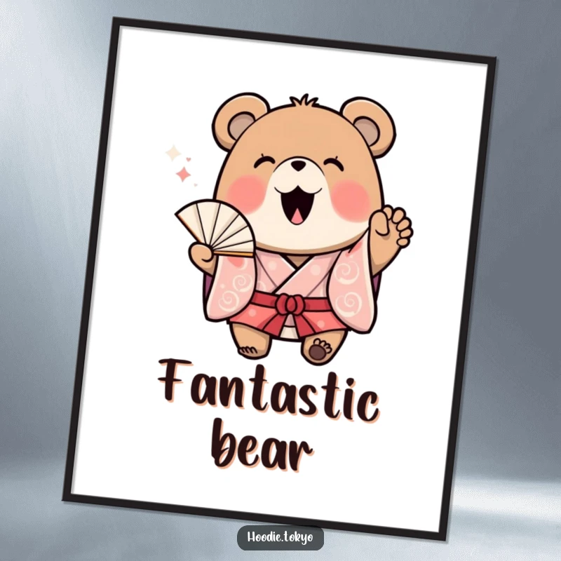Funny Bear Kimono Poster: Captivating artwork of a cheerful bear in a kimono waving a fan with excitement, bringing vibrant energy to any wall.