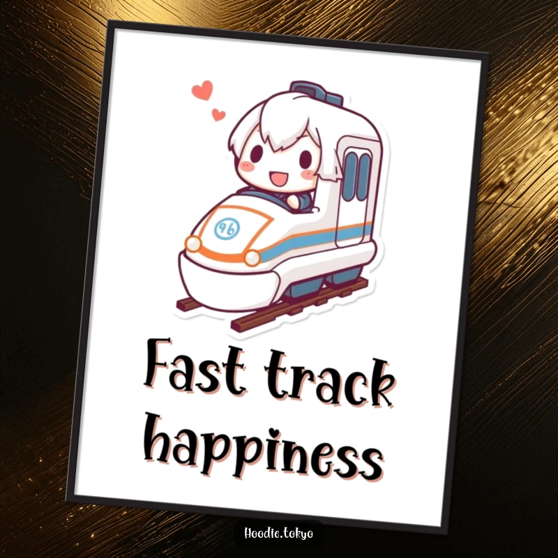 Funny bullet train art poster showing a determined character joyfully riding a miniature bullet train at full speed.