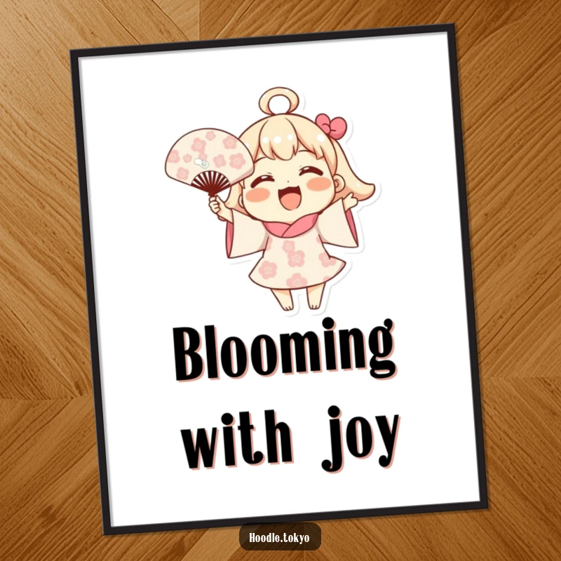Funny Blooming Fan Poster: A joyful character energetically waving a fan adorned with blooming flowers, creating a vibrant and happy piece of art.