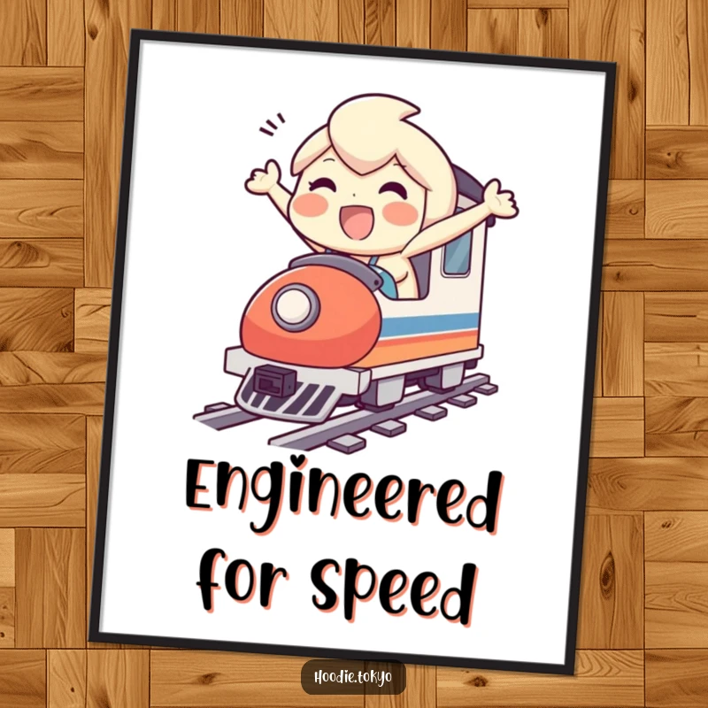 Funny poster capturing a character's pure exhilaration while riding a miniature bullet train, adding a humorous touch to decor.