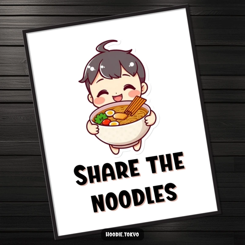 Funny cheerful ramen character poster, smiling invitingly with a bowl of ramen.