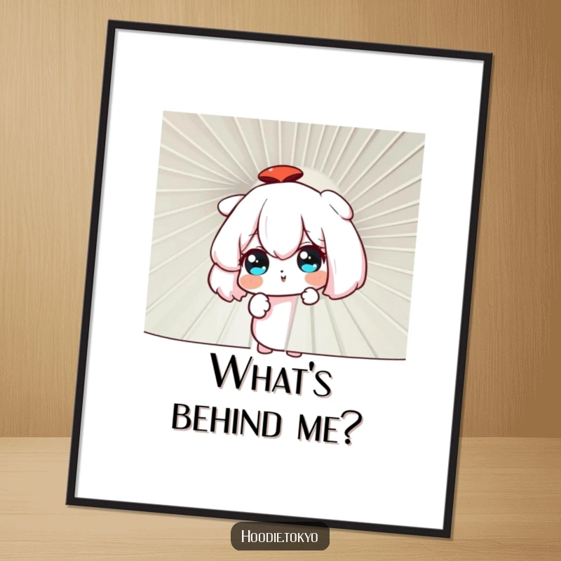 Funny curious character peering through a large ornamental fan, artistic poster for lovers of mystery and intrigue.