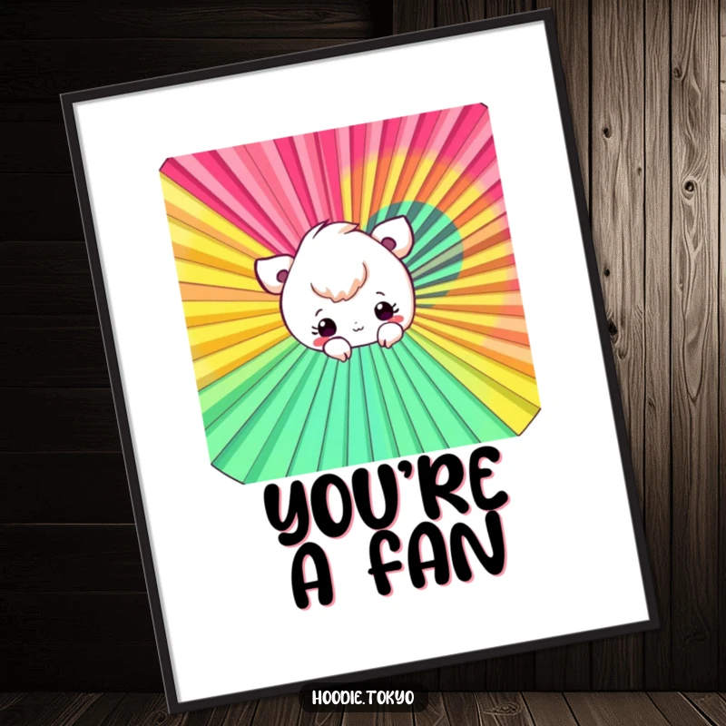Funny Fan Peek-a-Boo Poster depicting a playful character peeking from behind a large, colorful fan, perfect for whimsical decor.
