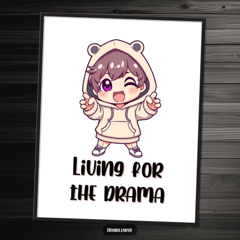 Funny poster artwork of a cute character in a fashionable hoodie, striking a dramatic and excited pose.