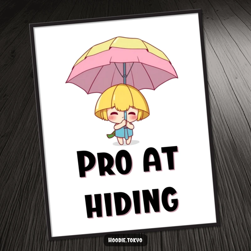 Funny poster art of a character playfully concealed behind a massive, cartoonish umbrella, creating a sense of whimsical mystery.