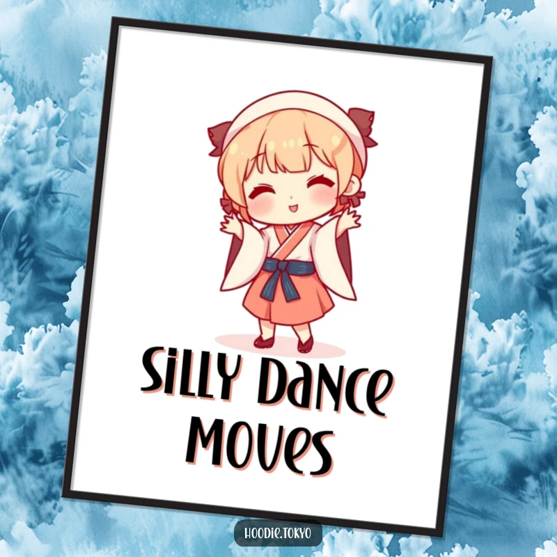 Funny playful character in traditional Japanese attire performing a silly dance, energetic and colorful poster art.