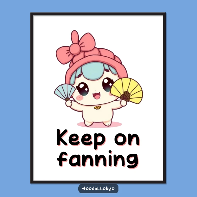 Funny Kawaii Fan Waving Poster - Wide-Eyed Character Cool Art Decor Print
