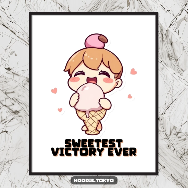 Funny kawaii character poster capturing a cheerful character in the act of delighting in a giant ice cream scoop.