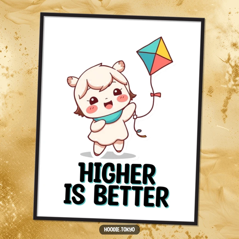 Funny kawaii character poster showing a cute character giggling with a colorful kite, perfect for adding cheer.