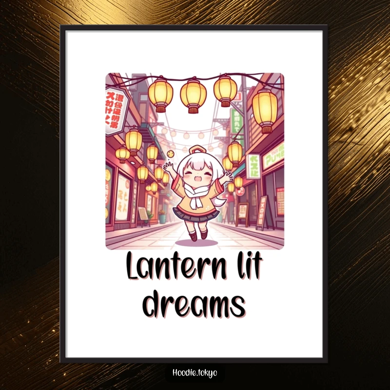 Funny Poster: Amusing Kawaii character joyfully juggling glowing lanterns in a Tokyo street, a delightful and humorous art print.
