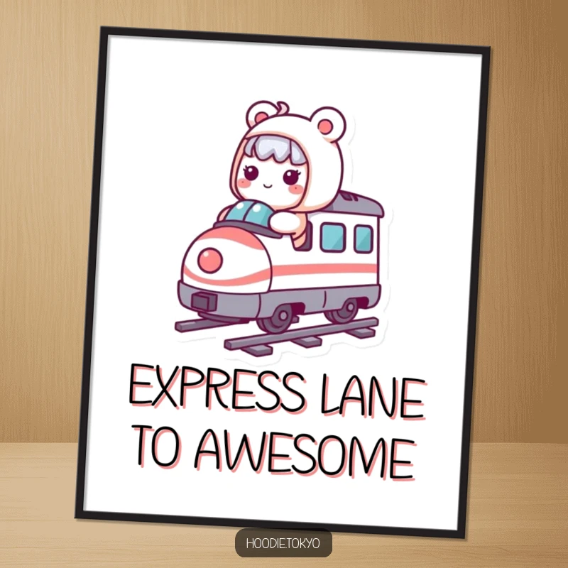 Funny Kawaii character on a whimsical, miniature bullet train, evoking a sense of wonder and humor in this poster art.