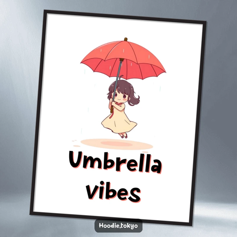 Funny Poster: Character dances with abandon in a gentle rain shower, holding a vivid red umbrella, evoking pure bliss.