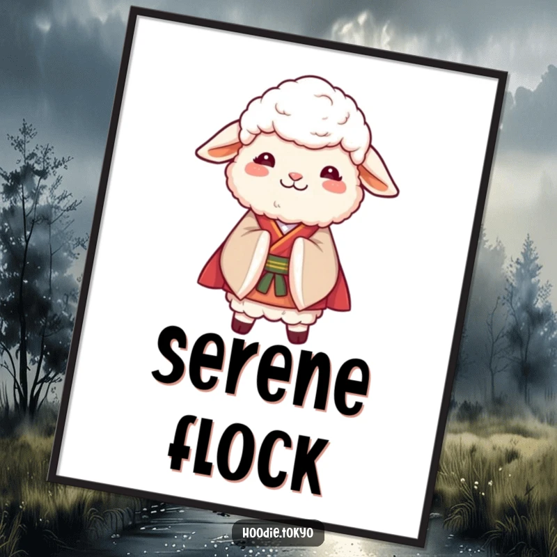 Funny Sheep Kimono Poster: Elegant artwork of a fluffy sheep in a kimono bowing with a serene smile, adding charm to any room.