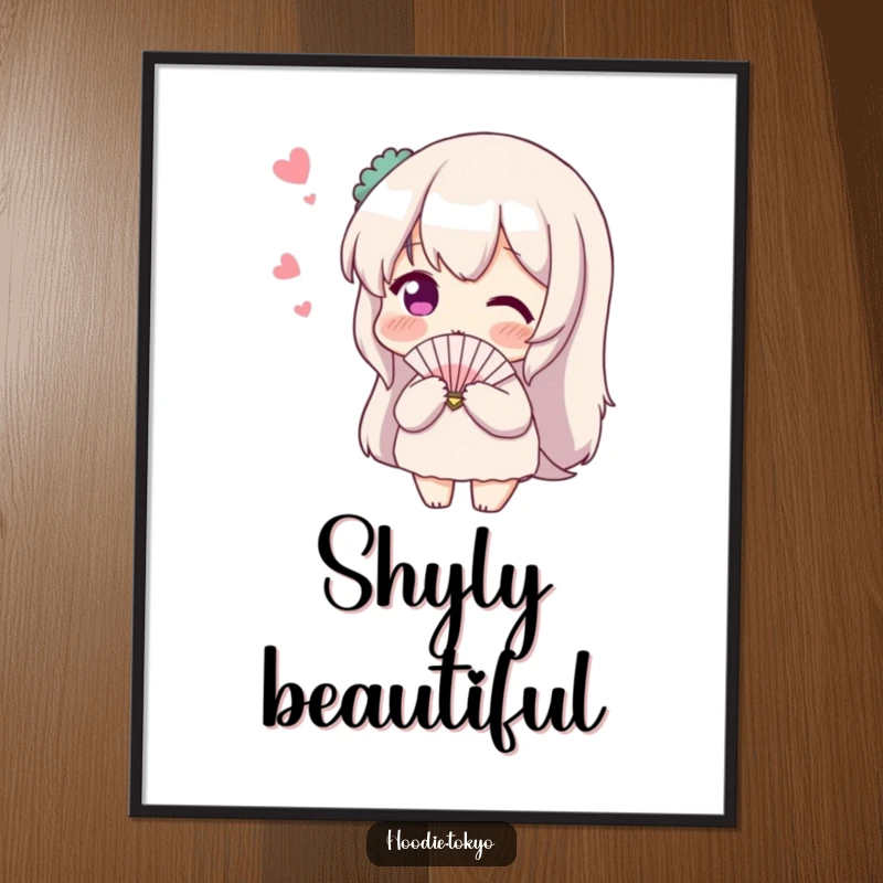 Funny Shy Fan Poster: Art featuring a blushing character with a tiny fan, looking shyly at an imagined admirer.