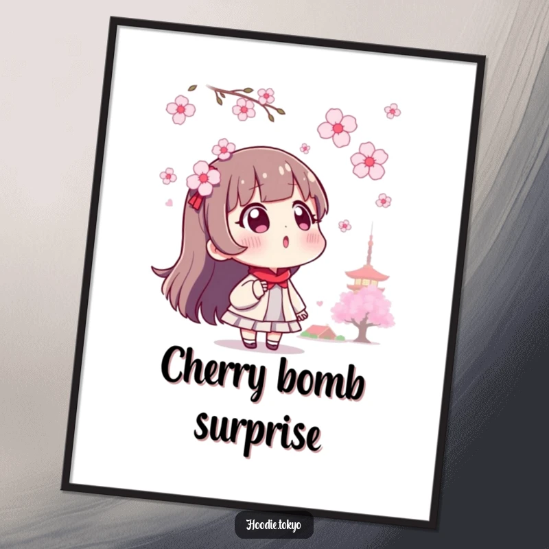 Funny surprised Tokyo character poster, looking up in wonder at a shower of delicate cherry blossoms.