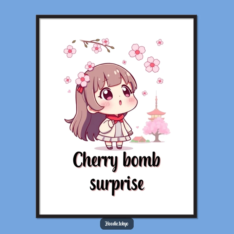 Funny Surprised Tokyo Character Poster, Cherry Blossom Art for Humorous Decor