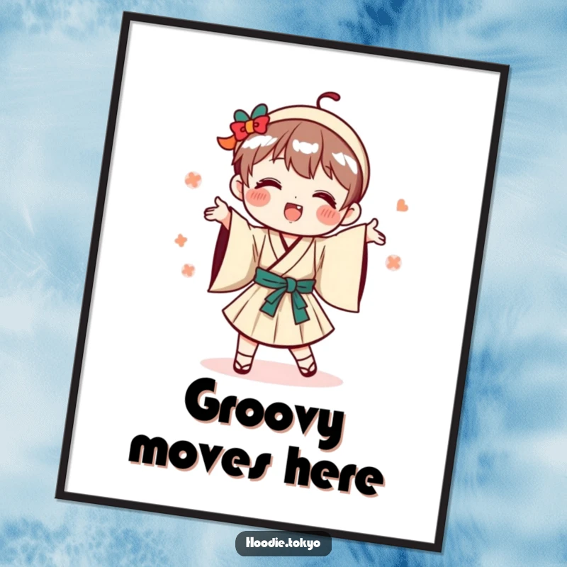 Funny playful Japanese character poster, in traditional outfit, performing a lively and silly dance.