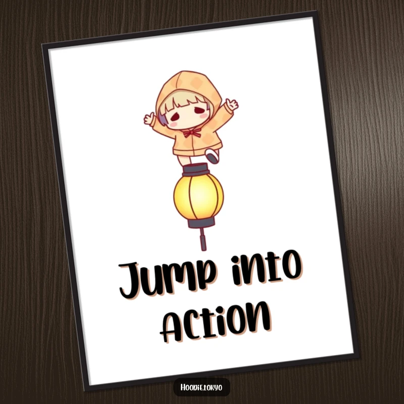 Funny poster art of a character in a patterned hoodie leaping over a stylized, glowing lantern.