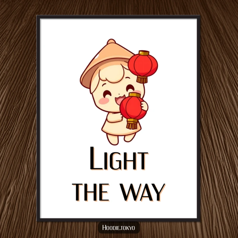 Funny poster of a smiling character in a small conical hat, excitedly holding a bright red lantern, creating a festive and cheerful wall decoration.