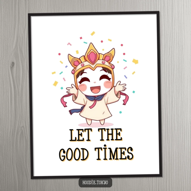 Funny character wearing a festival mask, joyfully throwing confetti into the air, a humorous and vibrant wall art.