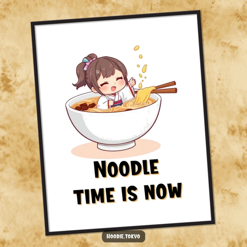 Funny character in a tiny kimono playfully splashing in a bowl of ramen, a humorous and vibrant wall art.