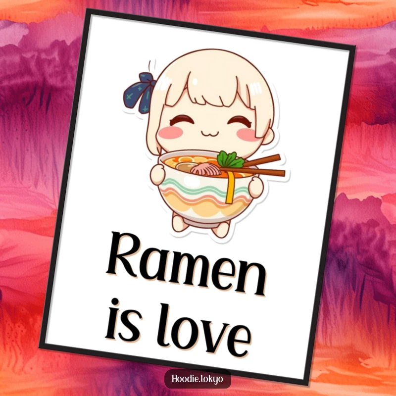 Funny cheerful character offering a steaming bowl of ramen with a warm smile, artistic poster for food lovers.
