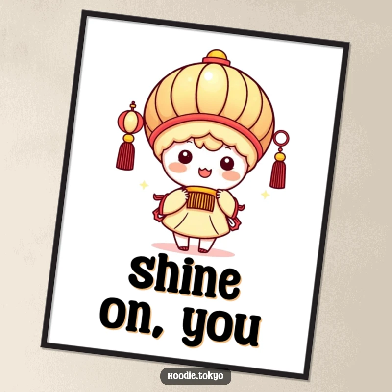 Funny kawaii character beaming brightly while holding a giant festive lantern, adorable wall art, perfect humorous decor.