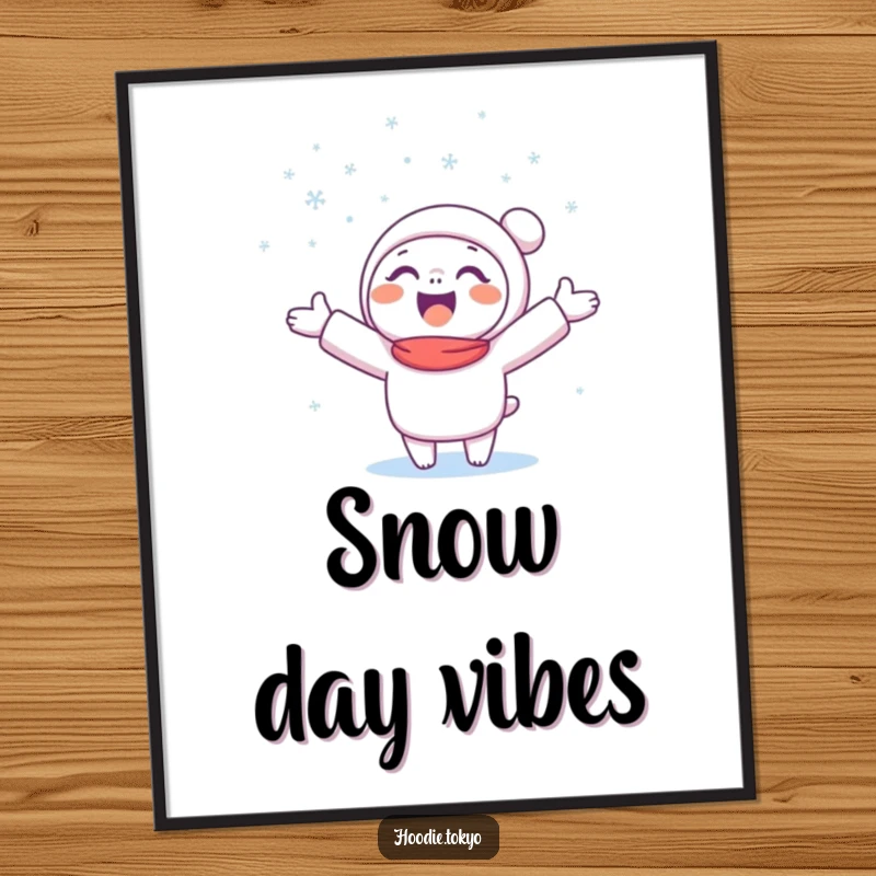 Funny Snow Catcher Poster depicting a happy character joyfully catching falling snowflakes, bringing winter wonder indoors.