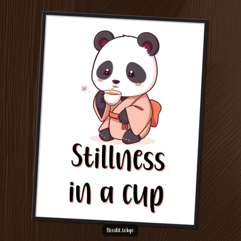 Funny wall art poster of a round panda wearing a kimono, elegantly sipping tea from a small cup, creating a serene humorous scene.