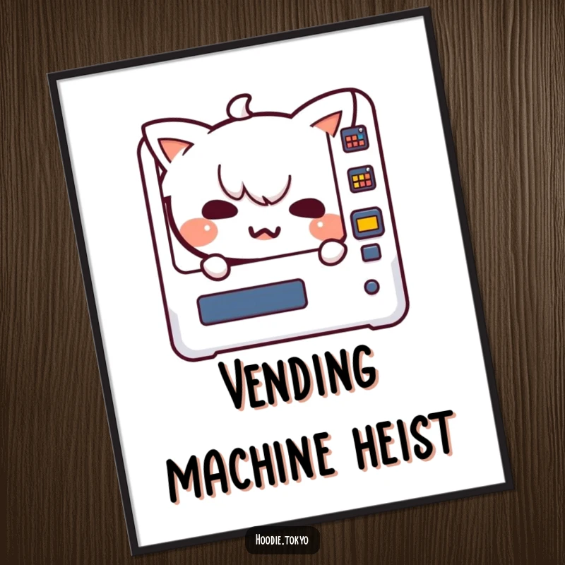 Funny Kawaii character with a mischievous grin peeking from a vending machine, presented as a high-resolution poster for humorous decor.