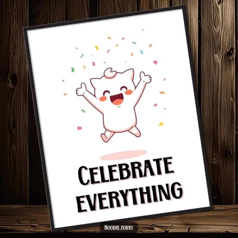 Funny celebration kawaii poster with a cute character jumping joyfully with confetti, great funny gift.