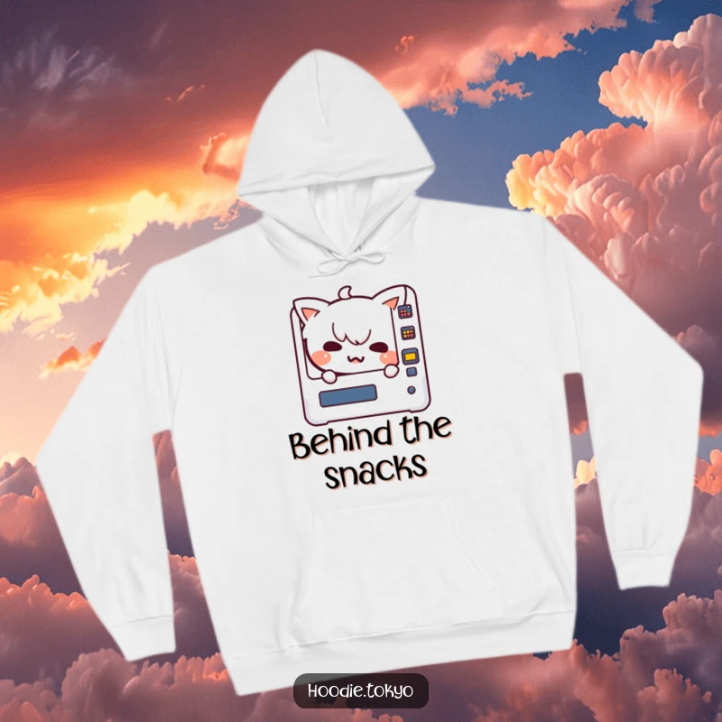 Funny Kawaii character with a mischievous grin peeking from a vending machine on a warm and humorous hoodie.