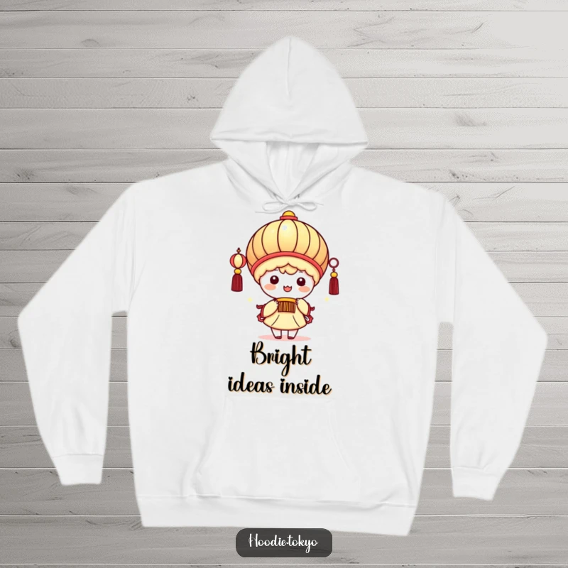 Funny kawaii character in a giant festive lantern, beaming brightly with a cheerful smile, cozy hoodie design for lovers of cute art.