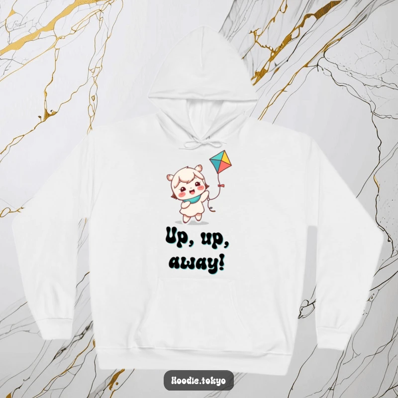 Funny kawaii character hoodie depicting a cute character giggling joyfully while holding a colorful kite, ideal for cozy days.