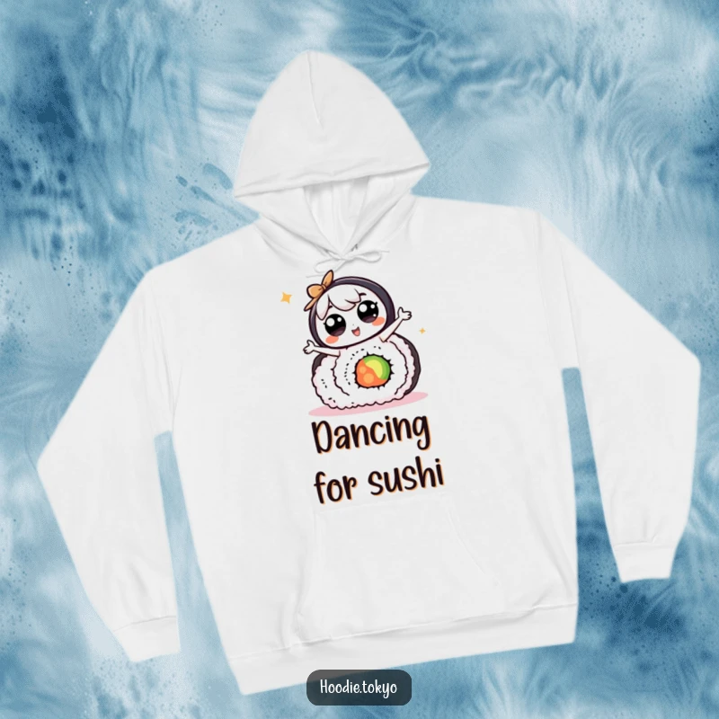 Funny kawaii character with big eyes doing a silly dance on a giant sushi roll, perfect for cozy and humorous wear.