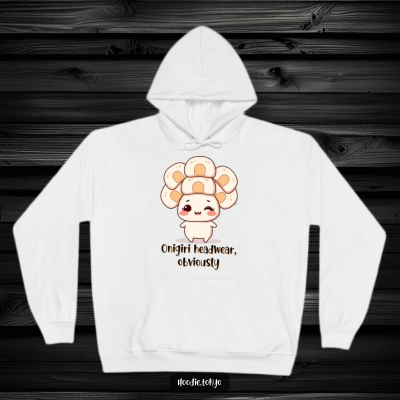 Funny smiling character balancing several oversized onigiri on its head, perfect for a warm and humorous hoodie.