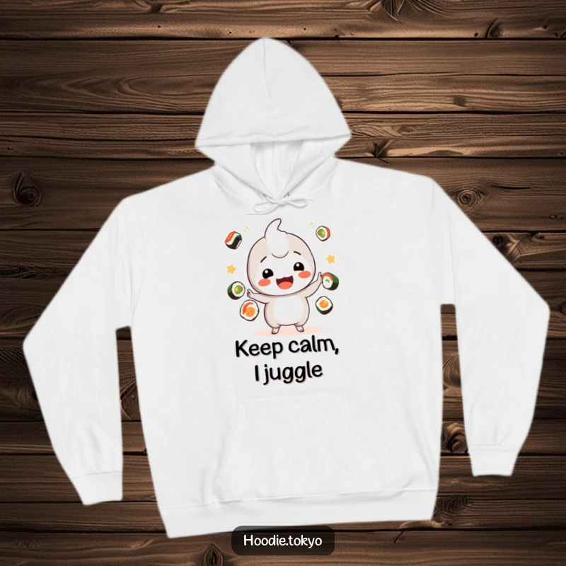 Funny sushi kawaii hoodie with a playful character juggling sushi, cozy funny gift.