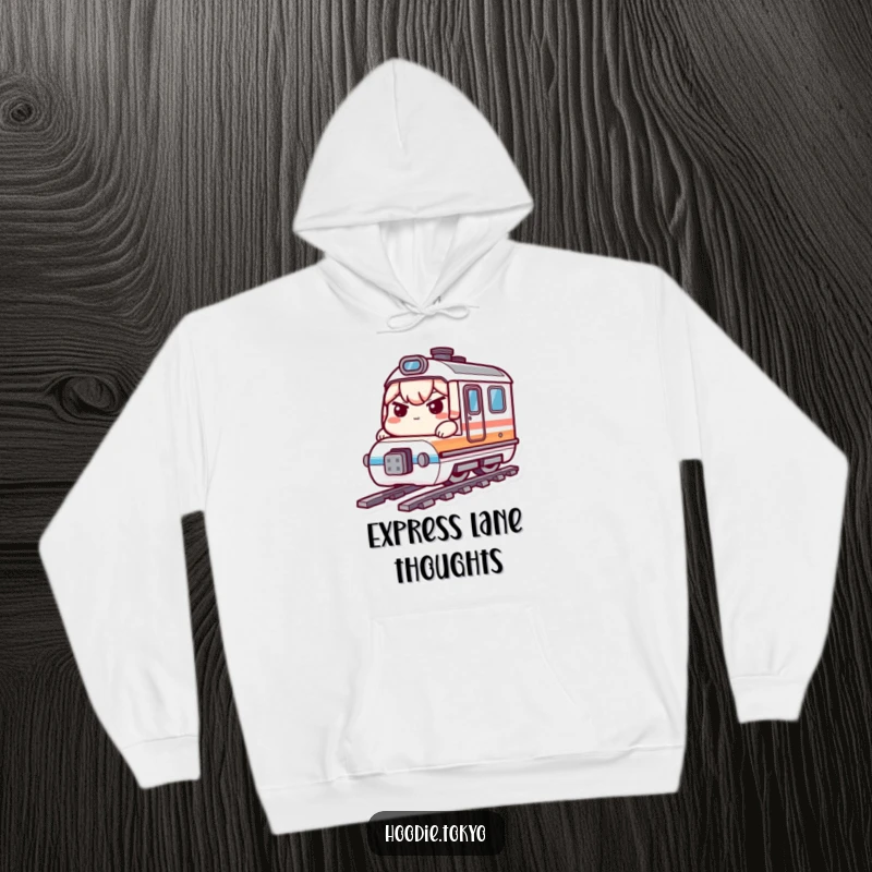 Funny bullet train kawaii hoodie with a determined character on a miniature train, ideal funny gift.