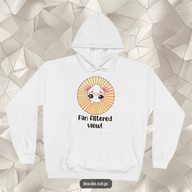 Funny curious character hoodie, playfully peeking through a massive decorative fan.