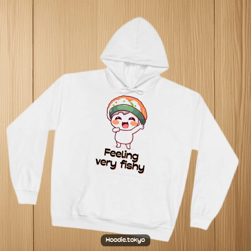Funny kawaii character with a silly sushi hat, striking a dynamic pose on a cozy hoodie. Ideal for casual wear and humorous expression.