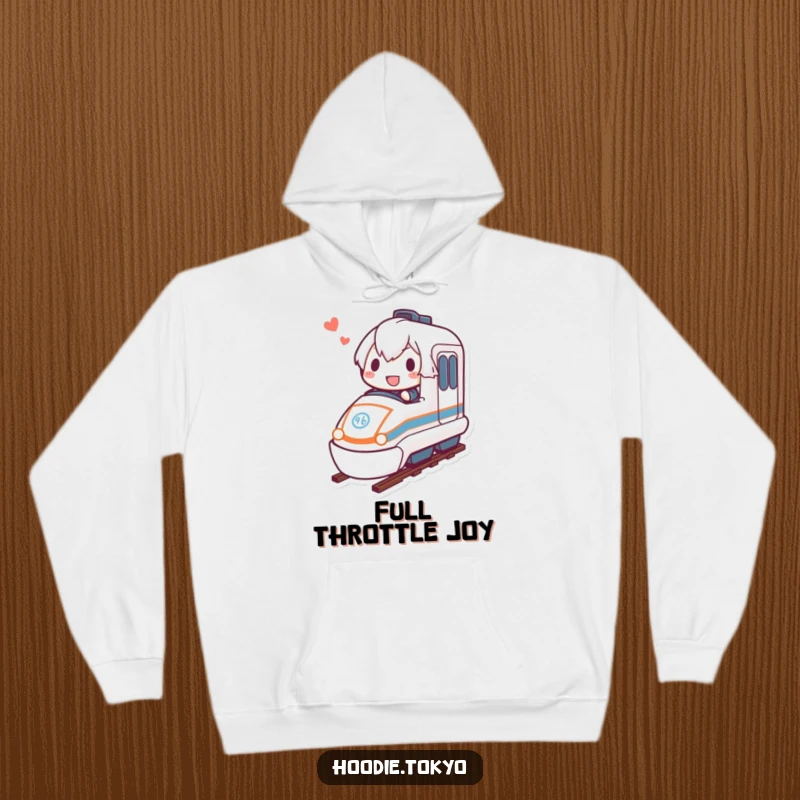 Funny bullet train hoodie featuring a determined character joyfully riding a miniature bullet train, offering warmth and inspiration.