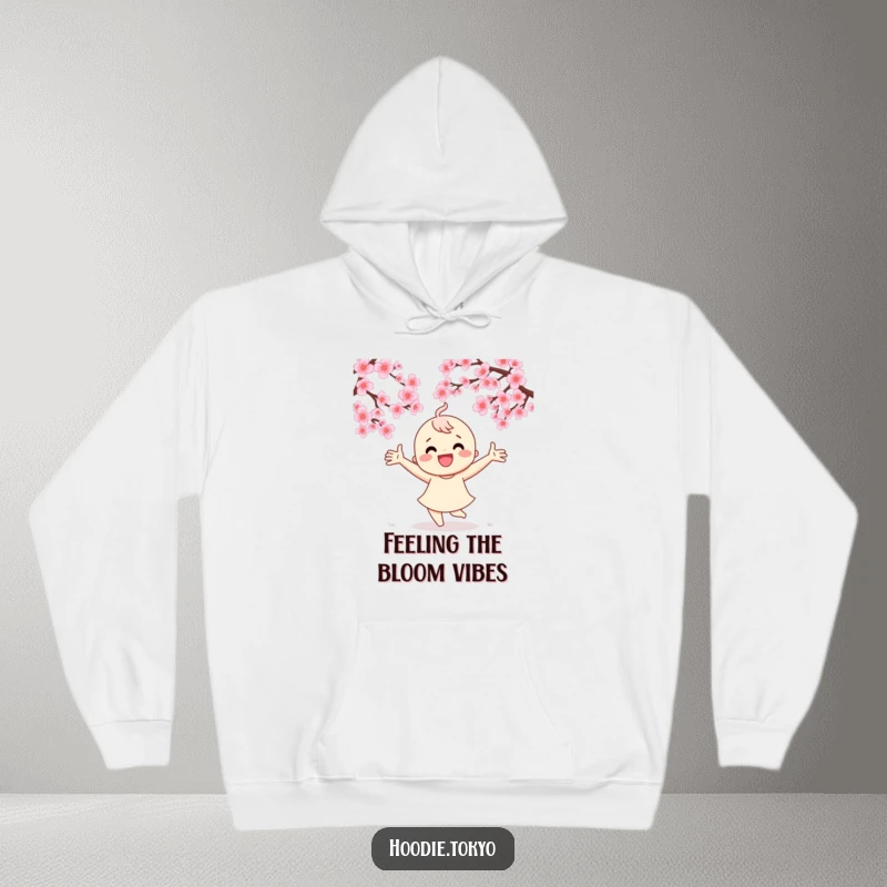 Funny hoodie showing a delighted character dancing energetically beneath falling cherry blossoms, radiating pure happiness.